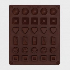 Форма силиконовая для шоколада Доляна «Коробка конфет», 27x23x1,5 см, 30 ячеек (3,2x3,2 см), цвет коричневый