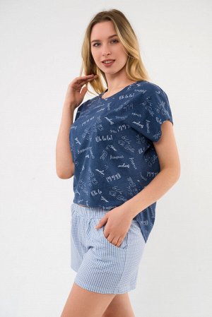 Пижама женская из футболки и шорт из кулирки Бонжур голубой