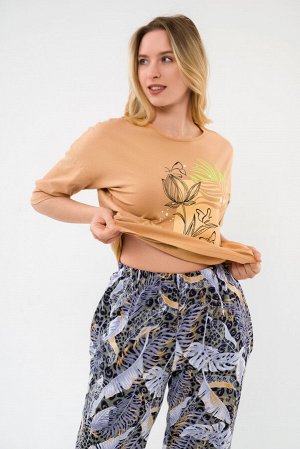 Пижама из футболки и брюк из кулирки Мечта тропики горчица