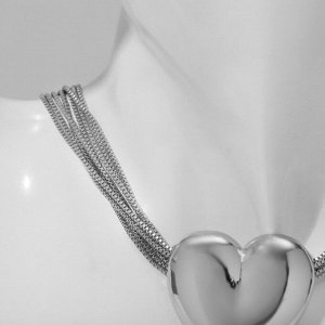 Колье «Цепь» сердце объёмное, 8 нитей, цвет серебро, 38 см