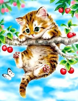 Алмазная мозаика без подрамника  частичная выкладка     арт.  MM20111 Котенок на ветке