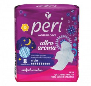 PERI Женские гигиенические прокладки Ultra Aroma Night 8 шт (сетка)