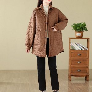 Стеганая весенне-осенняя куртка с накладными карманами, свободного кроя, коричневый