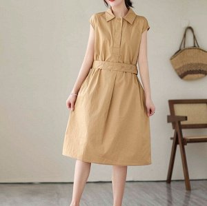 Женское платье-миди с короткими рукавами и отложенным воротником, светло-коричневый