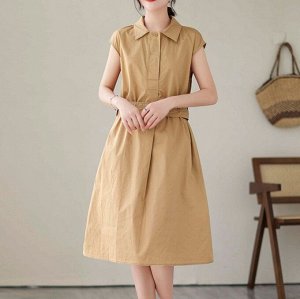 Женское платье-миди с короткими рукавами и отложенным воротником, светло-коричневый