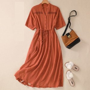 Женское платье с короткими рукавами и V-образным вырезом, на шнуровке, свободного кроя, кирпично-красный