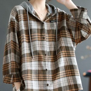 Женская клетчатая рубашка с длинными рукавами капюшоном, свободного кроя, серый/коричневый