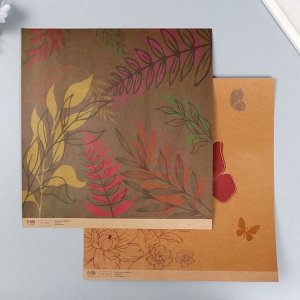 Бумага для скрапбукинга двусторонняя "Цветы и листья крафт" плотность 180 гр 30,5х32 см