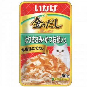 Inaba Kinnodashi влажный корм для кошек Куриное филе с кацуобуси (тунец-бонито) в желе 60гр пауч