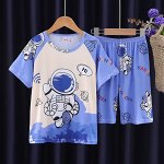 Детский пижамный комплект с разноцветным принтом &quot;Космонавт&quot;: футболка + шорты на резинке, цвет синий