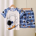 Детский пижамный комплект с принтом &quot;Космонавт&quot; и надписями: футболка + шорты на резинке, цвет синий
