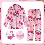 Детский пижамный комплект с принтом &quot;Hello Kitty&quot;: рубашка с длинными рукавами, на пуговицах + брюки на резинке, цвет розовой