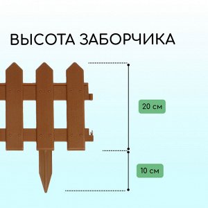 Ограждение декоративное, 30 x 196 см, 4 секции, пластик, коричневое, «Палисадник»