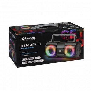 Портативная колонка Defender Beatbox 20, 20Вт, 2400мАч, BT, FM, USB, microSD, подсветка