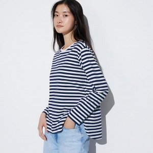 UNIQLO - хлопковый полосатый лонгслив с закругленными краями - 69 NAVY