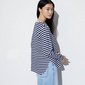 UNIQLO - хлопковый полосатый лонгслив с закругленными краями - 69 NAVY