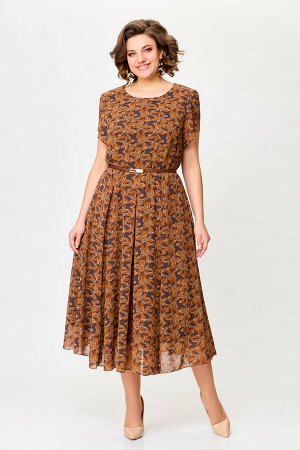 Платье Swallow 724 шоколадно-коричневый/принт рыжие цветы