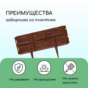 Ограждение декоративное, 24 * 177,5 см, 5 секций, пластик, тёмно-коричневое, «Камень»