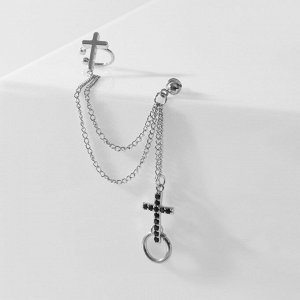 Серьга «Кафф» два креста с кругом, цвет чёрный в серебре