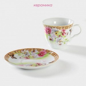 Чайная пара Доляна «Садовый дворик», чашка 200 мл, блюдце d=14,1 см, керамика, белая