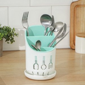 Подставка для столовых приборов Доляна, пластик, 3 отделения, 12x12x9 см, зелёная, белая