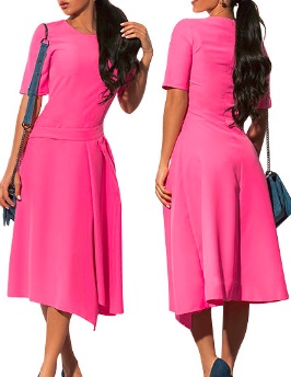 Асимметричное платье средней длины с коротким рукавом цвет: ЯРКО-РОЗОВЫЙ