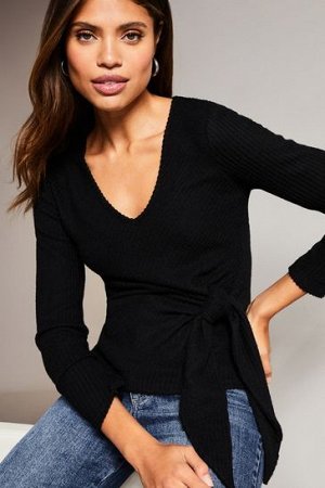 Lipsy Cozy Rib рубашка с длинными рукавами и V-образным вырезом, завязывающаяся спереди