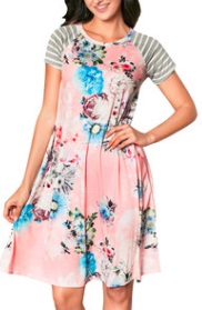 Платье А-силуэта средней длины с коротким рукавом цвет: РОЗОВЫЙ (ЦВЕТЫ)