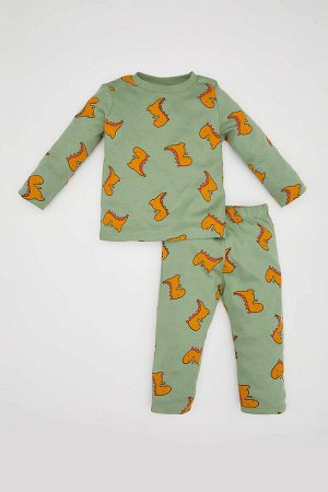Пижамный комплект в рубчик с длинными рукавами и принтом динозавров для маленьких мальчиков