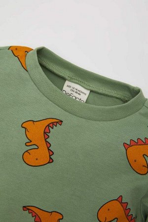 DEFACTO Пижамный комплект в рубчик с длинными рукавами и принтом динозавров для маленьких мальчиков