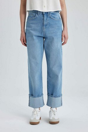 Джинсовые брюки длиной до щиколотки Relax Fit с высокой талией и складками