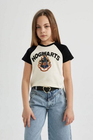 Укороченная футболка в рубчик с короткими рукавами и рисунком Гарри Поттера для девочек