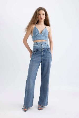 Укороченная джинсовая блузка с лямкой на шее Afra x DeFacto