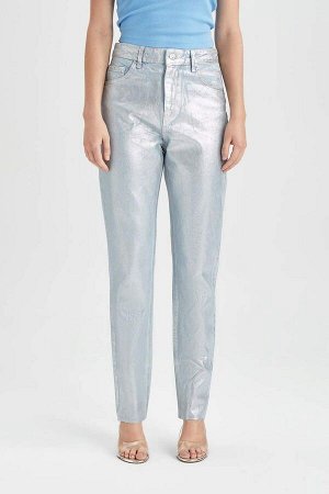 Прямая посадка, обычная форма, нормальная талия, длина до щиколотки, металлические джинсовые брюки