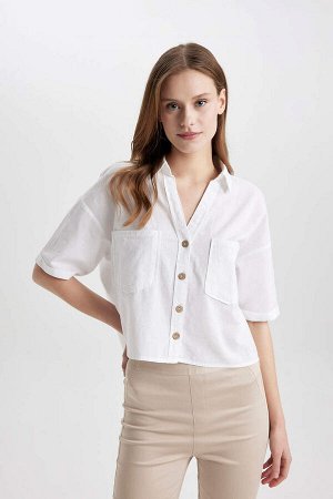 Рубашка свободного кроя с рубашечным воротником и короткими рукавами из смесового льна