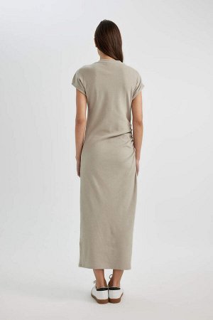 DEFACTO Облегающее платье миди с круглым вырезом в рубчик и короткими рукавами