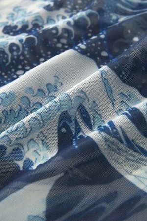 Синий - Сетчатый топ с длинными рукавами Great Wave Hokusai License