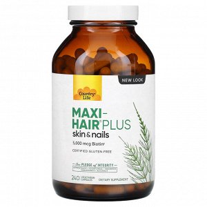 Country Life, Maxi-Hair Plus, 5000 мкг, 240 вегетарианских капсул (1250 мкг в 1 капсуле)
