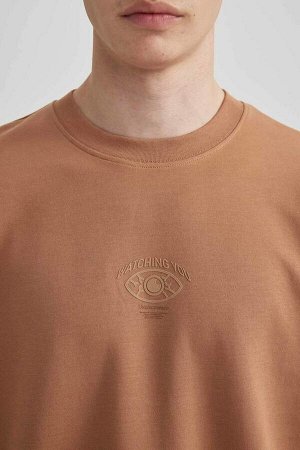 DEFACTO Свободная футболка с круглым вырезом и принтом из плотной ткани с короткими рукавами