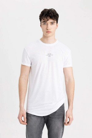 DEFACTO Длинная футболка с круглым вырезом и принтом, облегающая мышцы