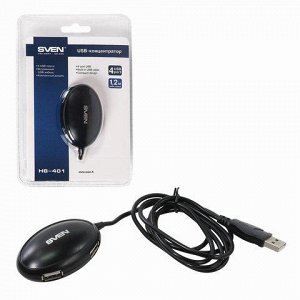 Хаб SVEN HB-401, USB 2.0, 4 порта, кабель 1,2 м., черный, SV