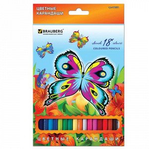 Карандаши цветные BRAUBERG &quot;Wonderful butterfly&quot;, 18 цв., за