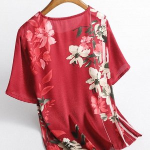 Женская блуза с короткими рукавами, свободного кроя, с цветочным принтом, красный