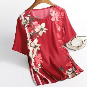 Женская блуза с короткими рукавами, свободного кроя, с цветочным принтом, красный