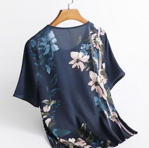 Женская блуза с короткими рукавами, свободного кроя, с цветочным принтом, синий