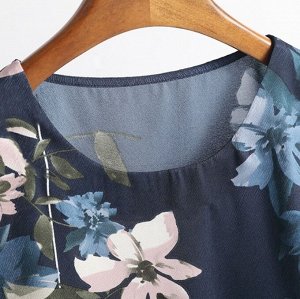 Женская блуза с короткими рукавами, свободного кроя, с цветочным принтом, синий