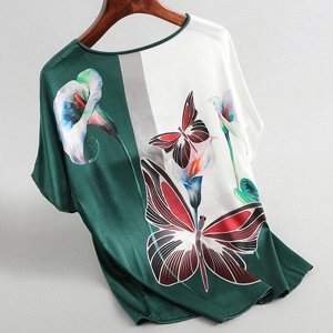 Женская блуза с короткими рукавами, свободного кроя, с принтом, белый/зеленый