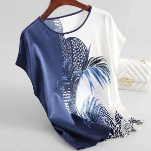 Женская блуза с короткими рукавами, с принтом, белый/синий