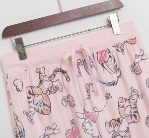 Домашние свободные брюки фланелевые с принтом, пояс на резинке,  розовый