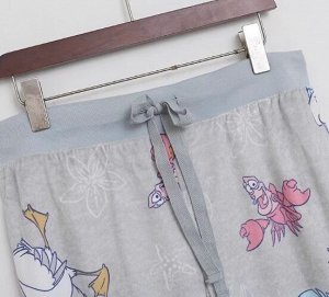 Домашние свободные брюки фланелевые с принтом, пояс на резинке,  серый